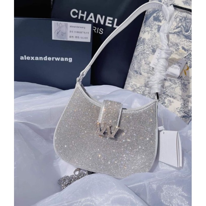 túi kẹp nách #wang. W đi tiệc full đá sáng bling dáng bầu có hộp