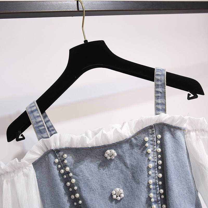 🌸Hàng Order🌸 Váy Jean Bigsize Trễ Vai Đính Ngọc Dọc Áo Nữ Tính Sexy 🌸Hàng Quảng Châu | BigBuy360 - bigbuy360.vn