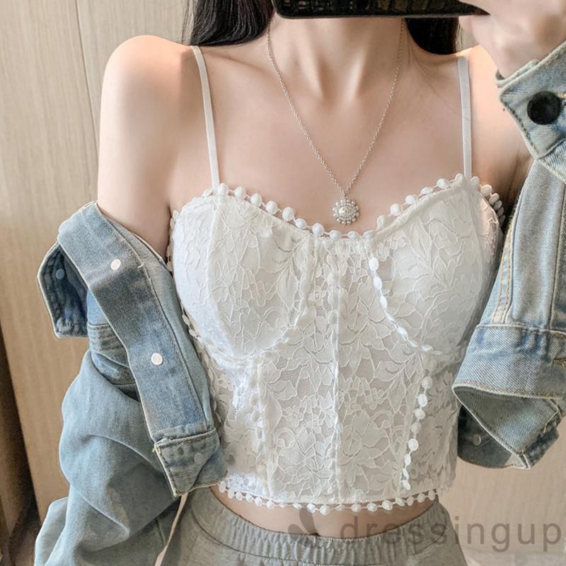 Áo Hai Dây Phối Ren Hoa Màu Trơn Có Đệm Ngực Tháo Rời Màu Đen/Trắng Thời Trang Mùa Hè Cho Nữ