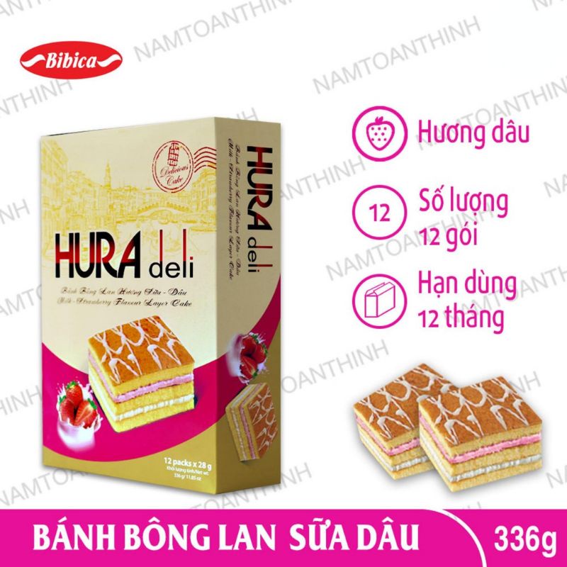 Bánh bông lan Hura Deli 336gr hương Sữa Dâu, Bơ Sữa, So Dừa, Cốm Dừa
