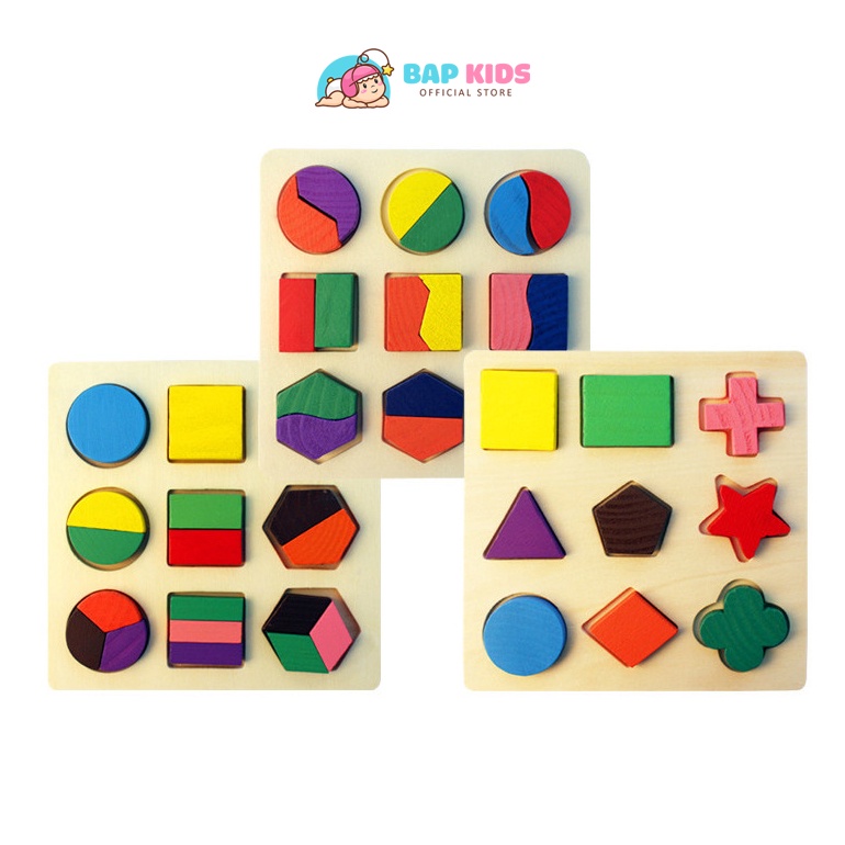 Combo 3 bảng ghép hình học, Giáo cụ montessori Đồ chơi xếp hình bằng gỗ cho bé Bapkids