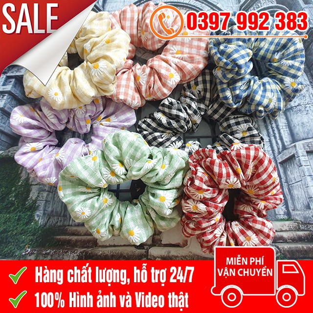 Dây Cột Tóc Scrunchies - Dây Buộc Tóc Vải Caro Hoa Cúc Thời Trang Cho Nữ