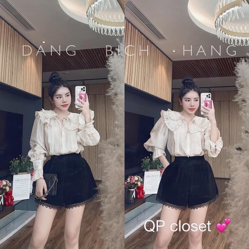 quần sooc chun nhung viền ren