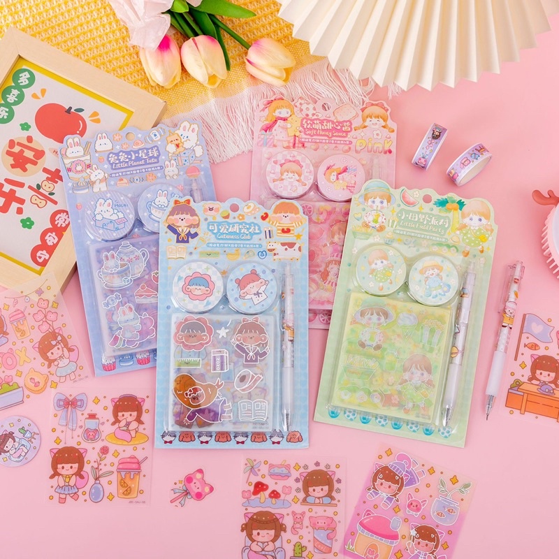 🌸 Hộp sticker, washi tape và dao cắt washi - Hộp 6 nhãn dán, băng keo và bút cắt sticker 🌸