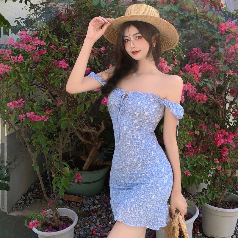 Đầm Tay Phồng Cổ Vuông Cột Dây In Họa Tiết Phong Cách Retro Hàn Quốc Thời Trang Quyến Rũ Cho Nữ