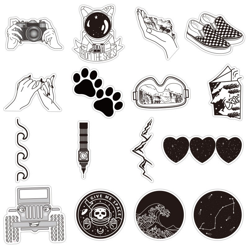 SET 50 MIẾNG STICKER VŨ TRỤ TRẮNG ĐEN BLACK AND WHITE CHỐNG NƯỚC DÁN NÓN BẢO HIỂM, LAPTOP, VALI, TỦ, BÀN HỌC, XE MÁY