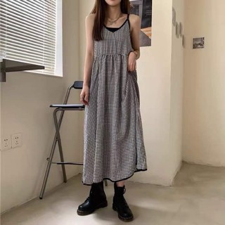 Đầm váy 2 dây liền kẻ caro suông