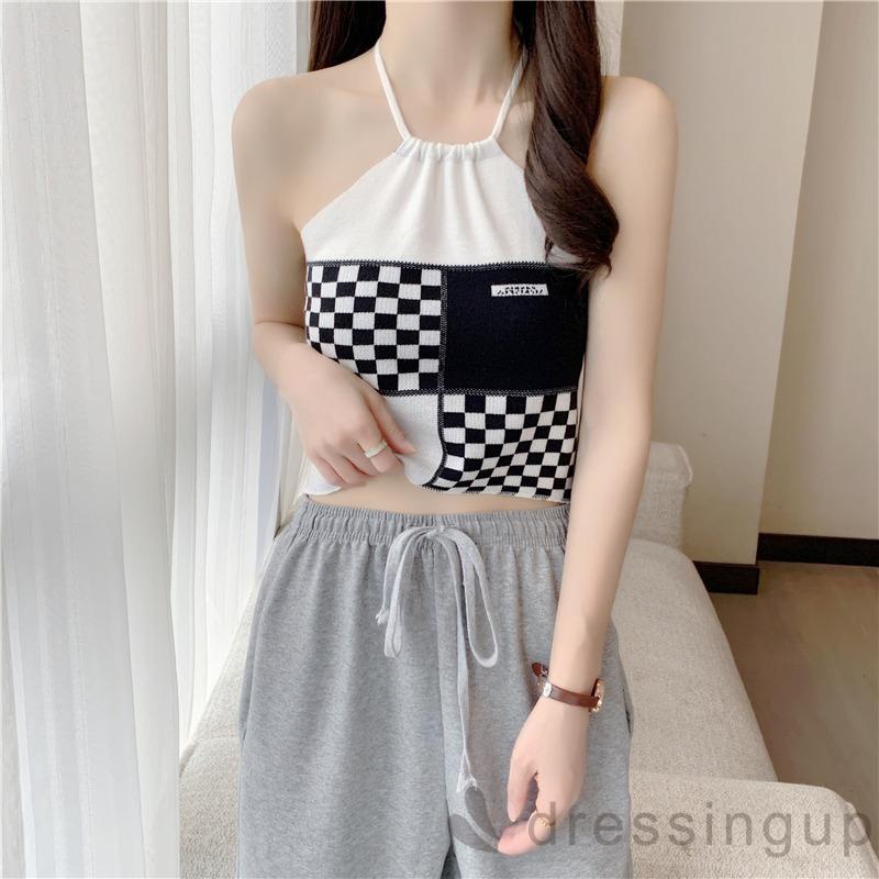 Áo Tank Top Hở Lưng Phối Họa Tiết Caro Thời Trang Cho Nữ