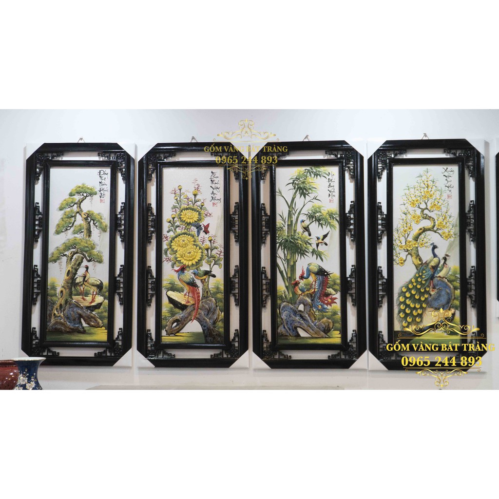 Bộ 4 bức Tranh Sứ Đắp Nổi Bát Tràng 50cmx1m 🔥 𝙎𝙞𝙚̂𝙪 𝙍𝙚̉ 🔥Tùng - Cúc - Trúc - Mai -Khung gỗ thông chống mối mọt | BigBuy360 - bigbuy360.vn