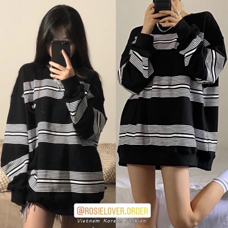 Áo sweater tay dài kiểu nữ oversize form rộng sọc ngang nỉ dày dặn - Order taobao quảng châu