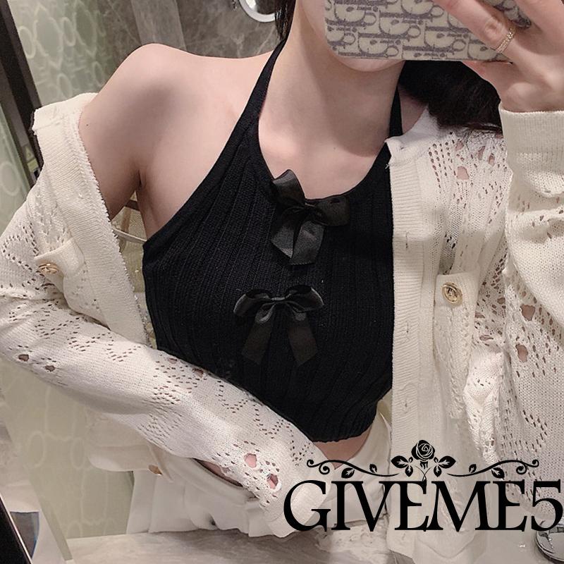 Áo dệt kim cổ yếm hở lưng thắt nơ thời trang mùa hè cho nữ