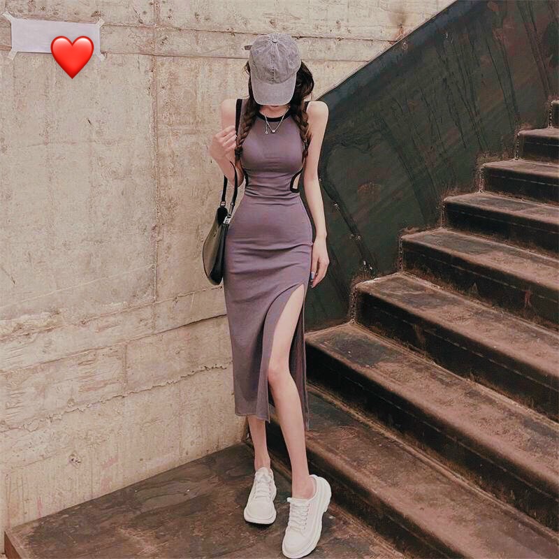 Đầm 3 lỗ ôm body viền màu hở lưng 2 màu tím đen cực xinh , chất thun gân mềm mịn