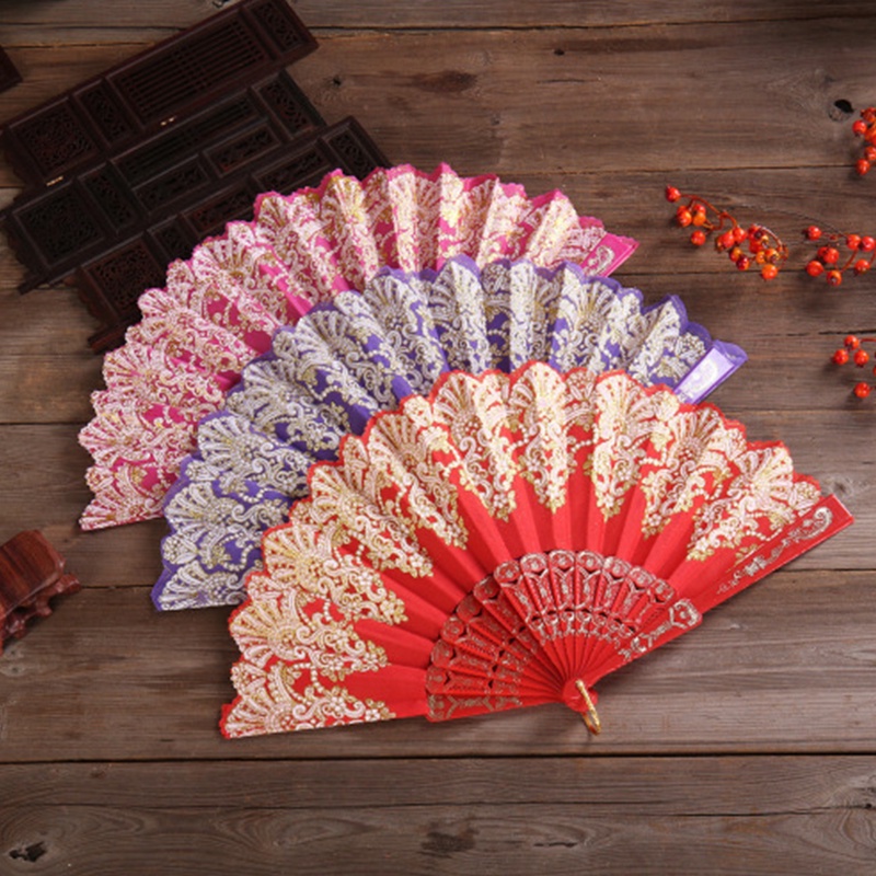 Quạt Xếp Bằng Nhựa Màu Kẹo Phối Bột Vàng Phong Cách Trung Hoa Cổ Điển Thời Trang Mùa Hè Dùng Làm Quà Tặng