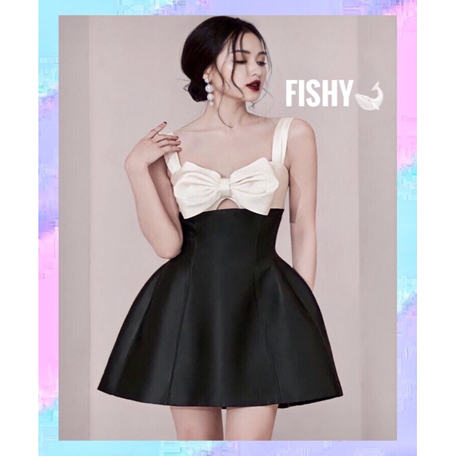 Đầm Dự Tiệc Nữ Dáng Ngắn Phồng Ghép Hai Màu Trắng Đen Cổ Điển Sang Trọng FISHY (ORDER)