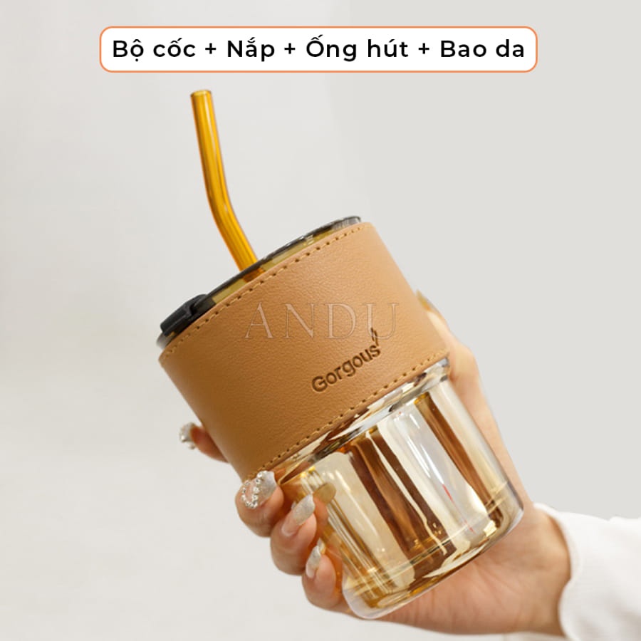 Cốc Uống Nước Có Ống Hút, Cốc Thủy Tinh Có Nắp Và Ống Hút, Chất Liệu Thủy Tinh Cao Cấp