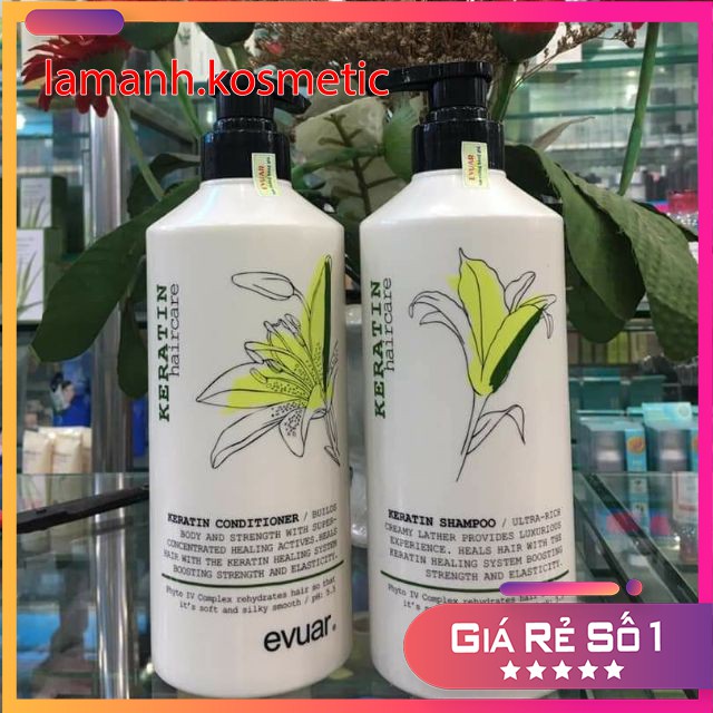 Dầu Gội Evuar keratin kiềm dầu siêu phục hồi mềm mượt chống rụng tóc cặp 785ml chính hãng