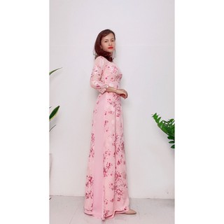 Áo dài truyền thống may sẵn 4 tà tơ ép cao cấp hoa nhí hồng phấn (ảnh thật)