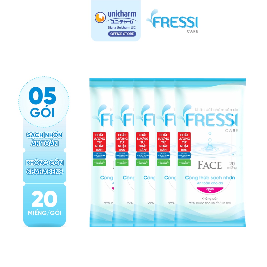 Combo 5 gói khăn ướt chăm sóc da Fressi Care Face 20 miếng/gói