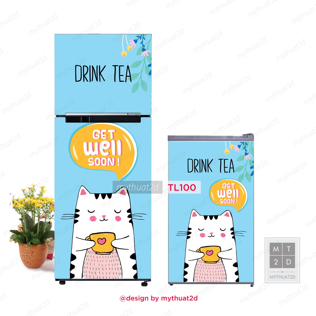 Decal dán tủ lạnh chống thấm loại tốt mẫu Mèo Drink Tea - mã TL100