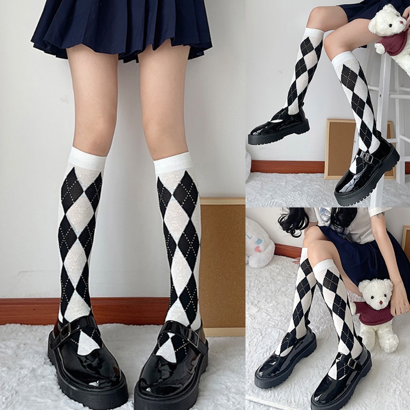 Vớ dài qua gối họa tiết sọc caro trắng đen đính đá phong cách Lolita cho nữ