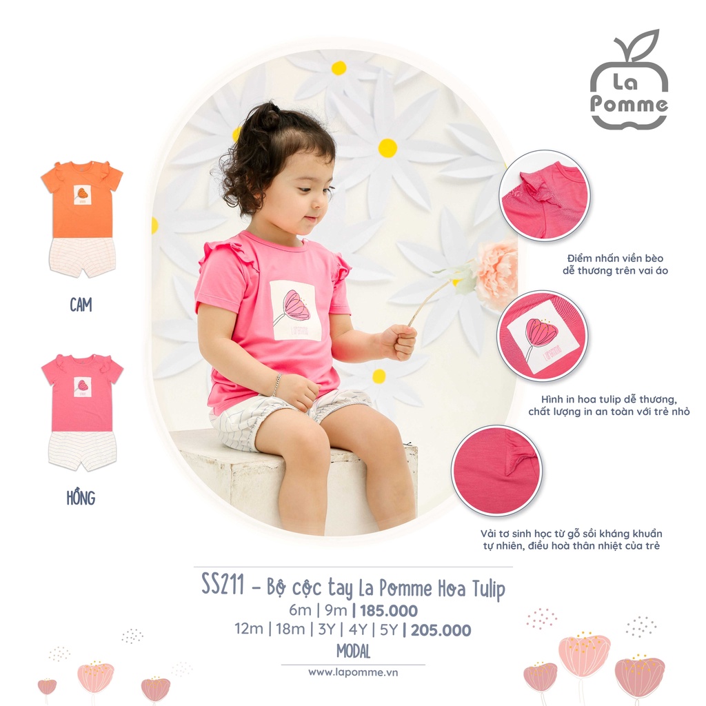 [CHÍNH HÃNG] Bộ cộc tay vai áo viền bèo họa tiết hoa tulip bé gái SS211 La Pomme