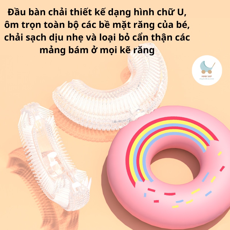 Bàn chải đánh răng Donut Rainbow, bàn chải chữ U cho bé từ 2 - 12 tuổi, hình dáng bánh donut dễ thương