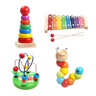 Combo 4 món đồ chơi: cầu vồng, luồn hạt, đàn 8 thanh, con sâu gỗ