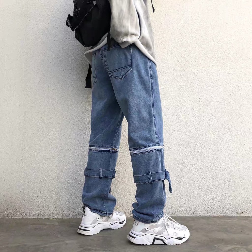 Quần Baggy Nam Nữ Khóa Gối Ống Rộng Bom House Chất Liệu Jeans Mềm Mịn