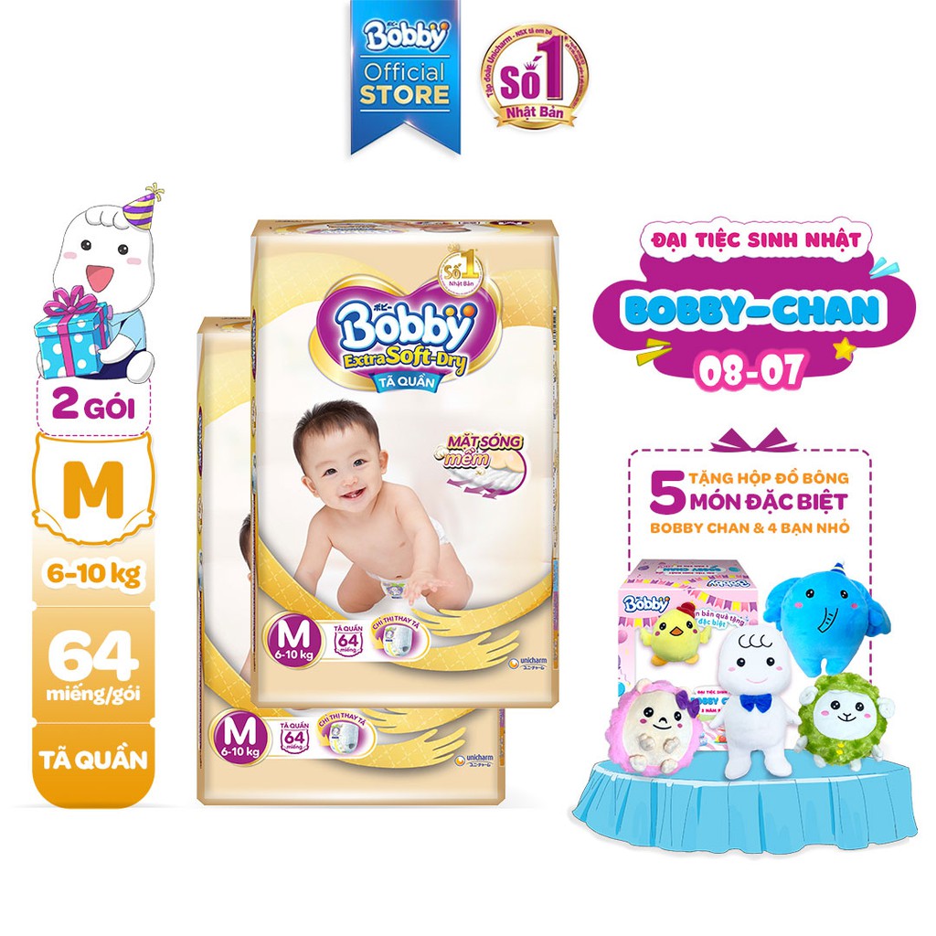 [Tặng Bobby Friend Box] Bộ 2 tã quần Bobby Extra Soft Dry S70/M64/L56/XL50/XXL46