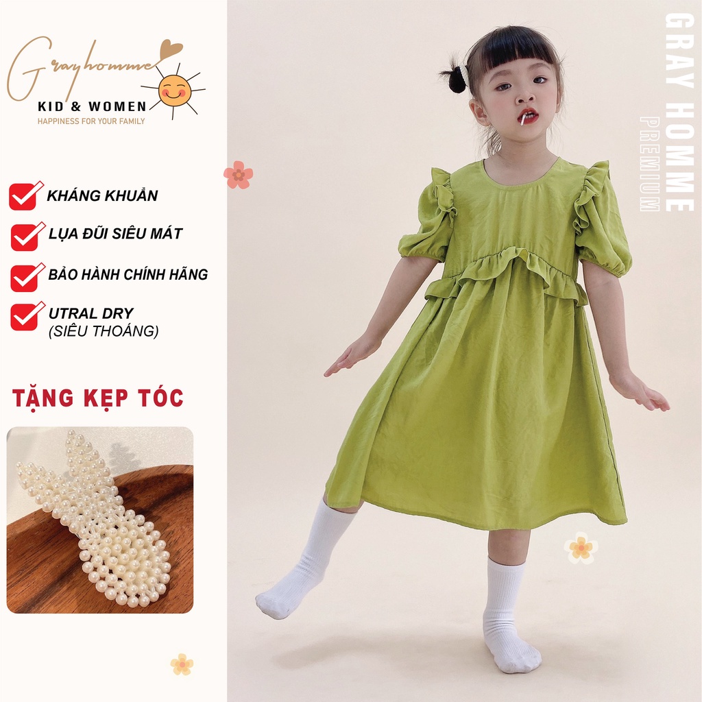 Váy bé gái GRAYHOMME Trơn Nhún Bèo Tiểu Thư, dáng rộng, chất Thô cotton thoáng mát thấm hút mồ hôi tốt (VK009)