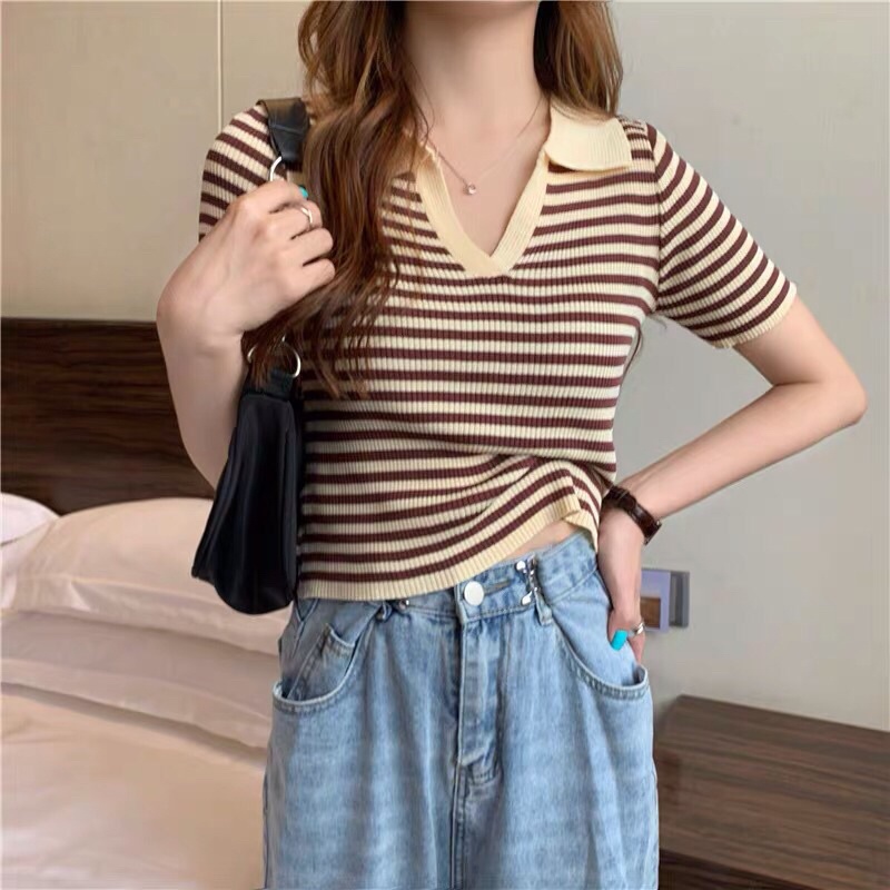 áo len dệt kim sọc kẻ ngang dáng croptop (C481#) | BigBuy360 - bigbuy360.vn