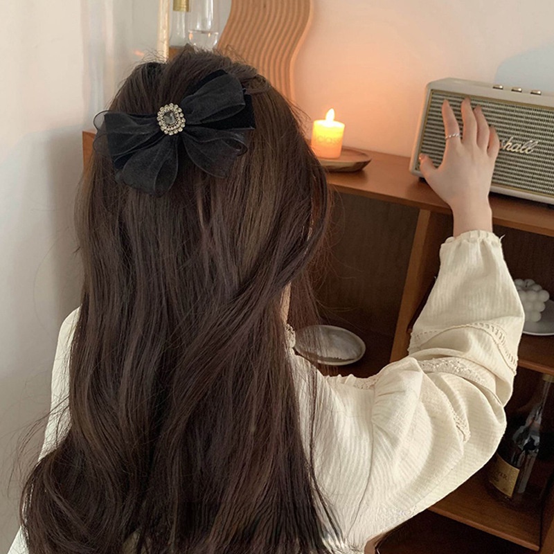 Kẹp Tóc Hình Nơ Lưng Đính Đá Phối Lưới Đơn Giản Xinh Xắn Dành Cho Nữ