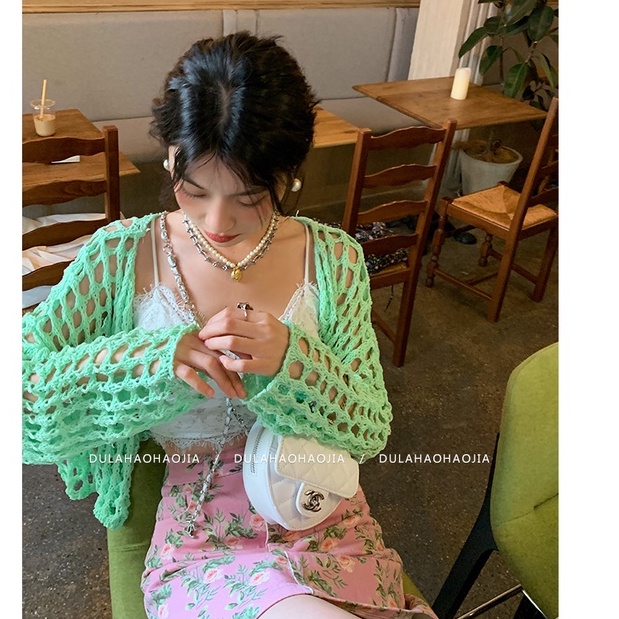 Áo croptop QKOOLE dệt kim tay dài dáng rộng chống nắng phong cách Hàn Quốc dành cho nữ