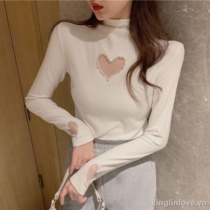 Mới Áo Sơ Mi Tay Dài Cổ Cao Đính Ngọc Trai Xinh Xắn Cho Nữ