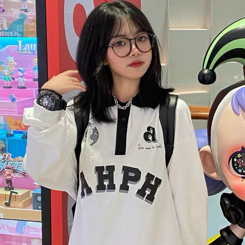 Áo Sweater Polo Dài Tay IN AHPH Áo Sweater Cổ Sơ Mi Phối Màu Trắng Đen Freesize Form Rộng