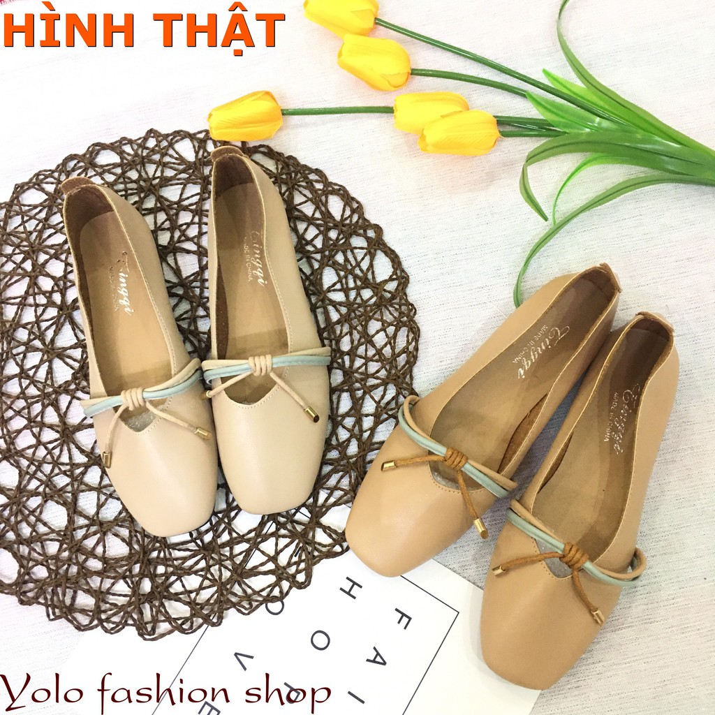 Giày bệt búp bê nữ đế bằng da mềm mũi vuông thắt nơ vintage hàng QC cao cấp - Kèm hình thật