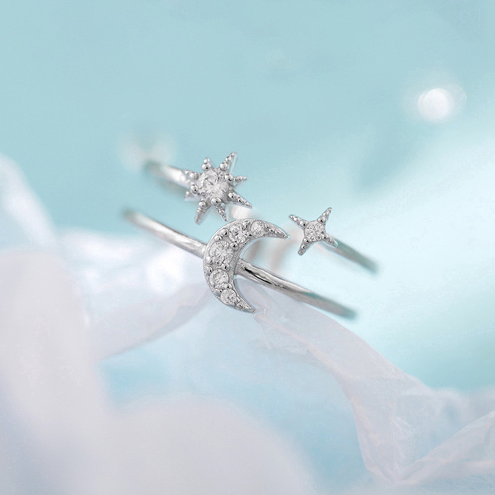 Nhẫn Mở Thiết Kế Nhiều Lớp Hình Ngôi Sao Và Mặt Trăng Phong Cách Hàn Quốc