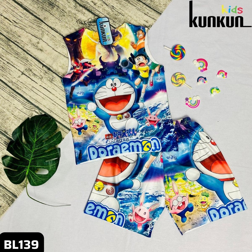 Quần áo trẻ em in 3D hình doraemon xanh chất thun lạnh co giãn 4 chều KunKun BL139 - Bộ ba lỗ bé trai size đại 10-60kg