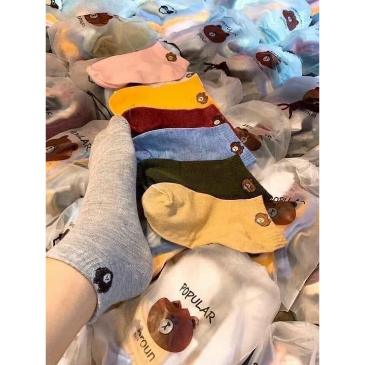 Combo 10 đôi tất nữ cổ ngắn hình gấu kute tặng kèm túi rút dễ thương