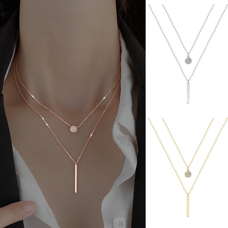 Vòng cổ hai lớp mặt dây tròn đính đá zircon phong cách đơn giản cho nữ