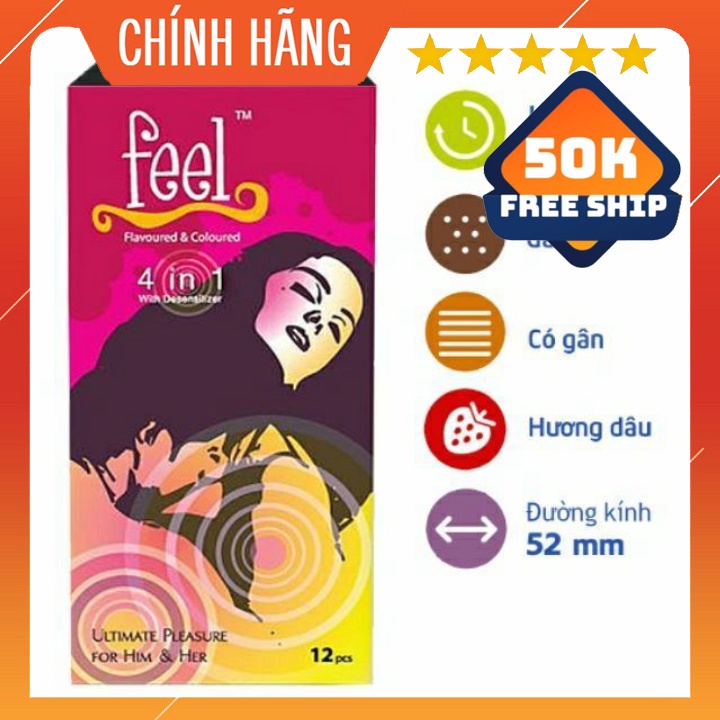 Bao cao su gân gai Feel 4 in 1 kéo dài thời gian hương dâu tây - Hộp 12c - SACUCO - Cam kết che tên