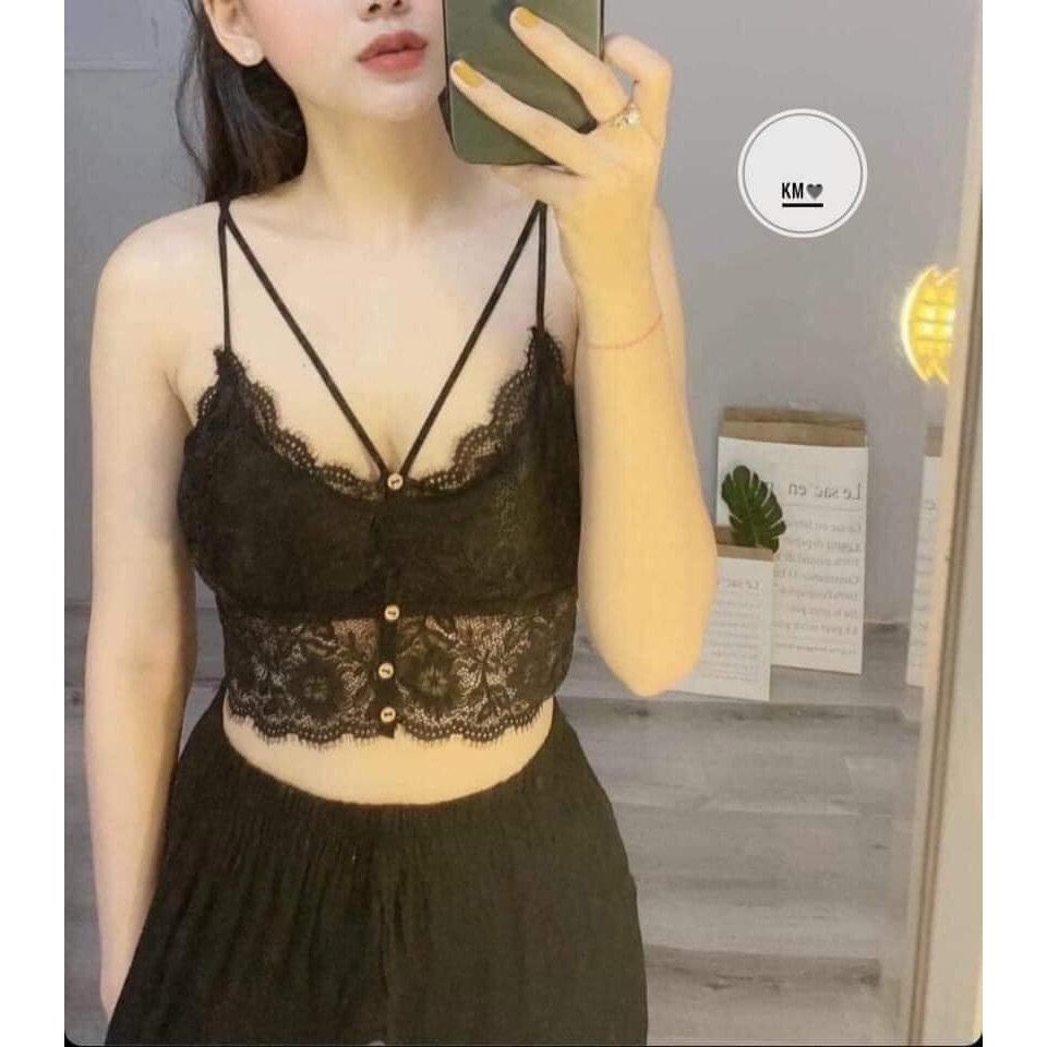 Áo lót nữ bra ren kèm mút ngực phối cúc dây chéo cao cấp