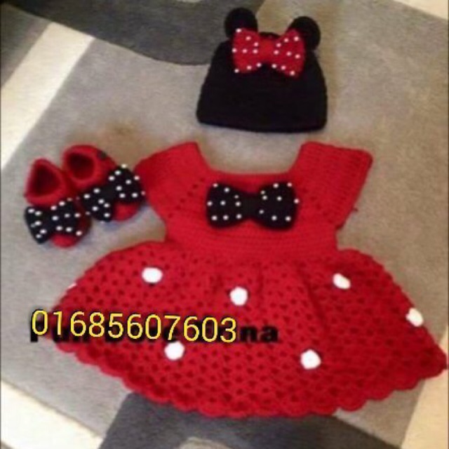 Set váy mũ giày len đỏ và đen