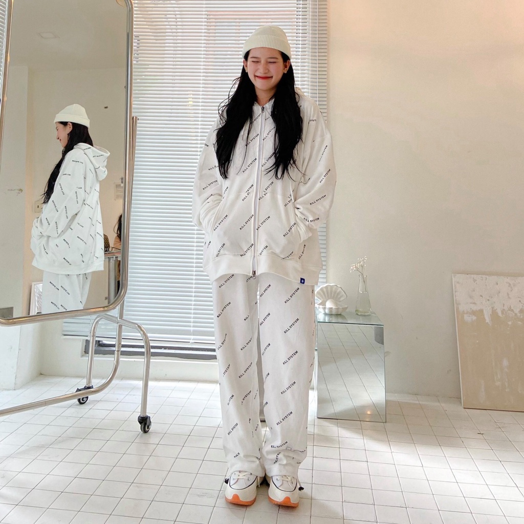 Quần thun dáng suông ống rộng màu  Kill System chữ xéo, vải chân cua oversize phong cách unisex | BigBuy360 - bigbuy360.vn