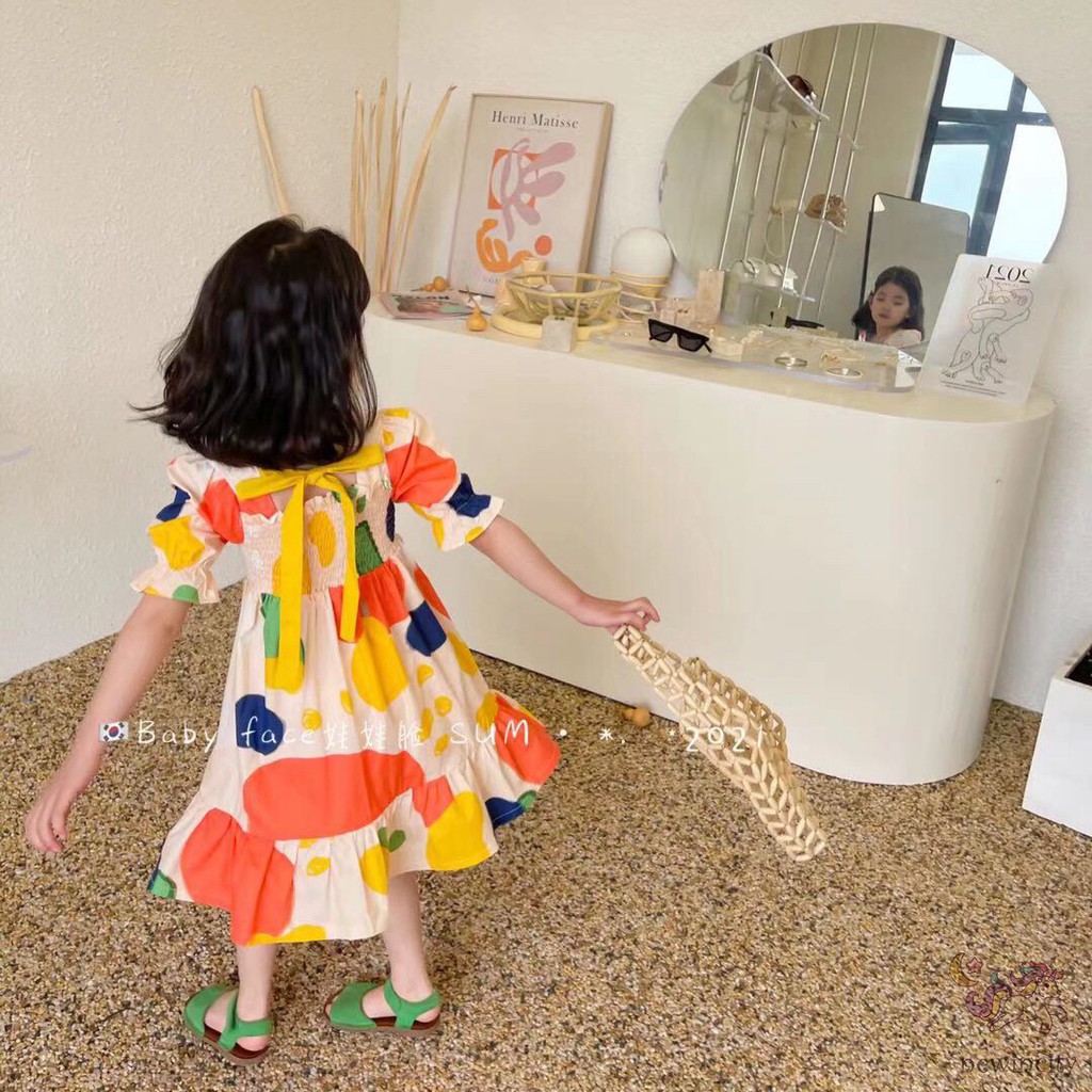 Đầm tay phồng cổ vuông in họa tiết thắt nơ phong cách Hàn Quốc thời trang dành cho bé gái