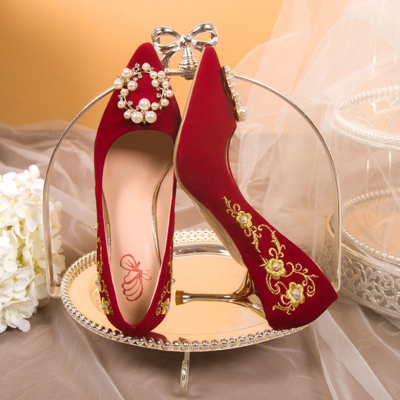 Giày Cao Gót Hai Dây 2022 Kiểu Dáng Mới Xuân Hè Phong Cách Trung Hoa Cho Cô Dâu Đám Cưới