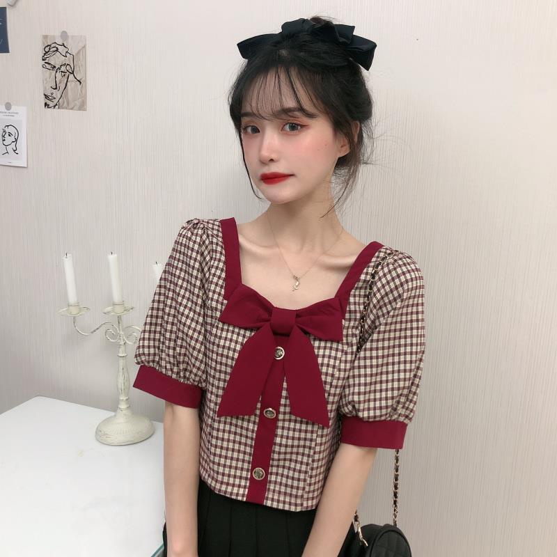 AMOI Áo Sơ Mi Ngắn Cổ Vuông Hở Vai Họa Tiết Sọc Caro Phong Cách Pháp Thời Trang 2022 Cho Nữ