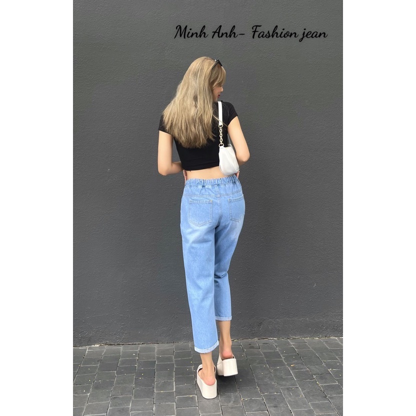 Quần Jean Baggy nữ cào xước xăn lai lưng thun baggic đơn giãn thoải mái