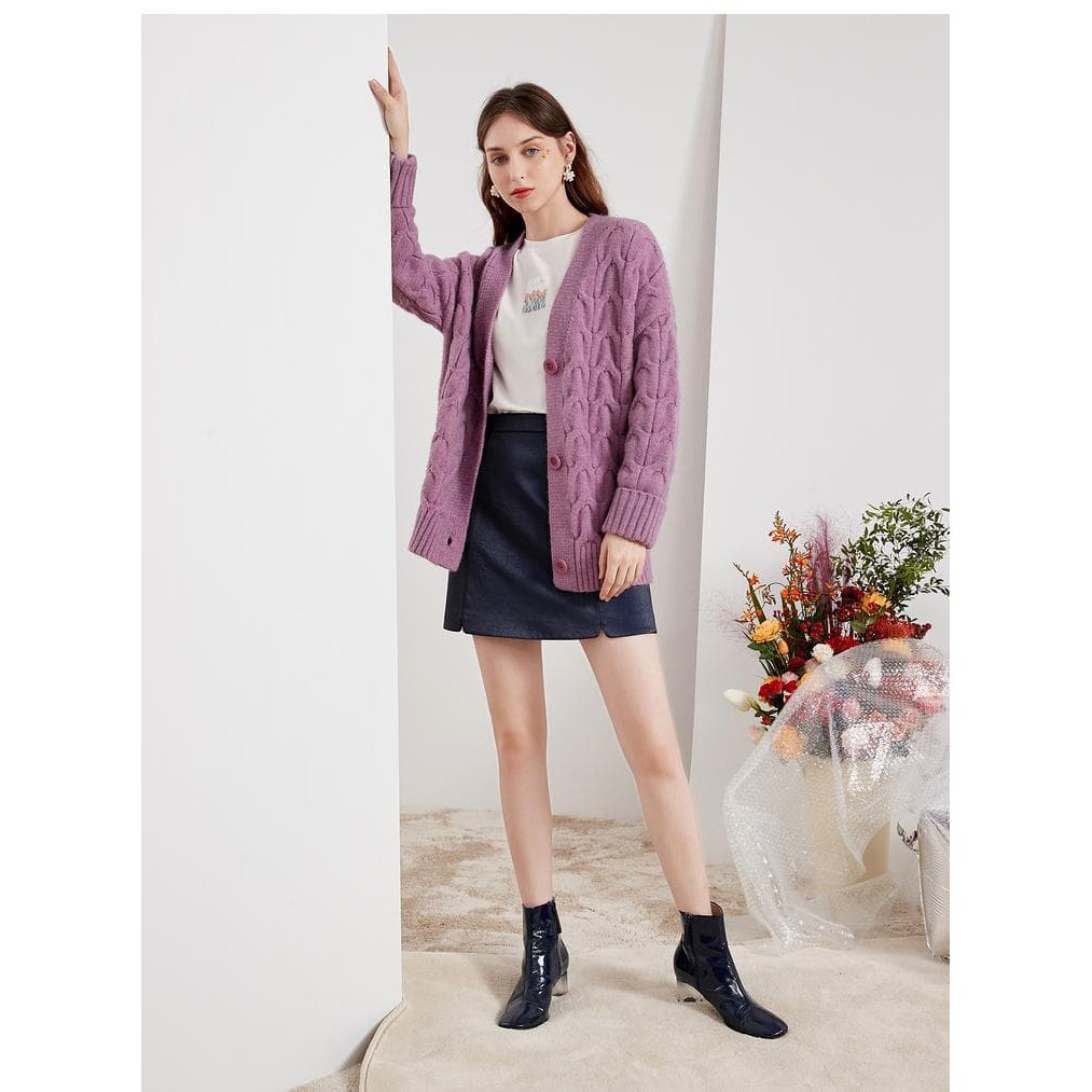 Áo khoác len vặn thừng thu đông cardigan màu tím