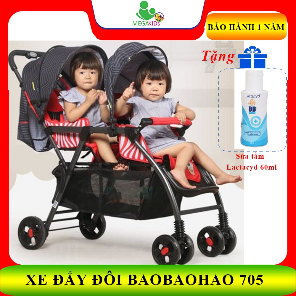 Xe đẩy đôi siêu gấp gọn Baobaohao 705 (ghế trước ghế sau) có lò xo giảm xóc, kèm màn che - Bảo hành 1 năm